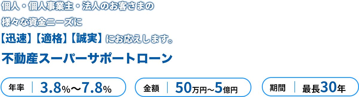 個人・個人事業主・法人のお客さまの 様々な資金ニーズに迅速・適格・誠実にお答えいたします。 不動産スーパーサポートローン