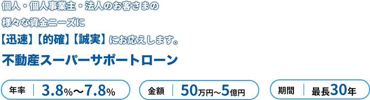 個人・個人事業主・法人のお客さまの 様々な資金ニーズに迅速・的確・誠実にお答えいたします。 不動産スーパーサポートローン